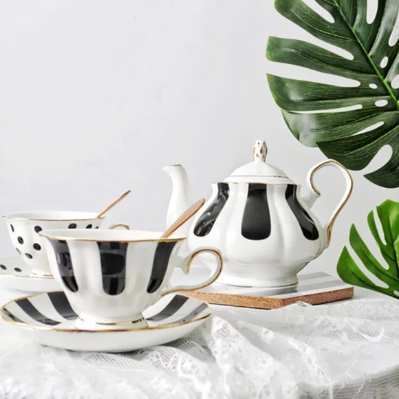 NIB 5 Pc Tea SET: Black & White Bone China - Picture 11 of 16